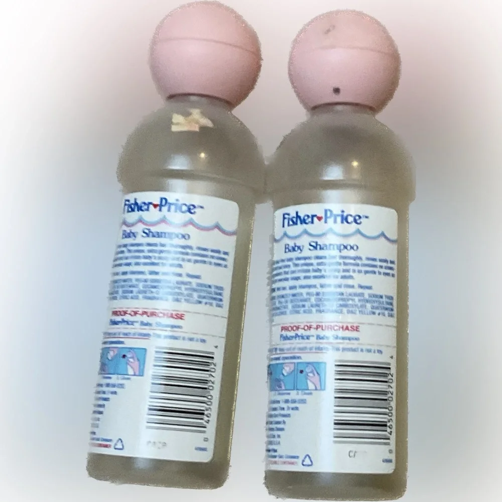 Lot 2 c1989 FISHER PRICE SHAMPOO: Character Head 12 Fl oz bottle Used Empty VTG